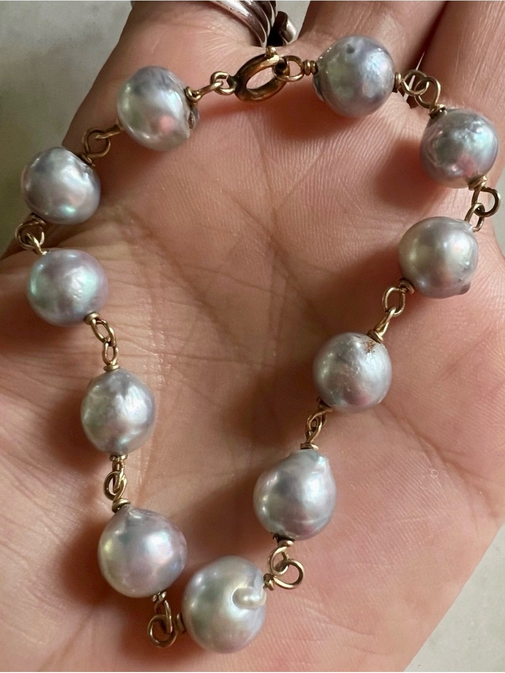 Vintage 12K Gold Filled Gray Baroque Freshwater Cultured Pearl Bracelet 6.25”
